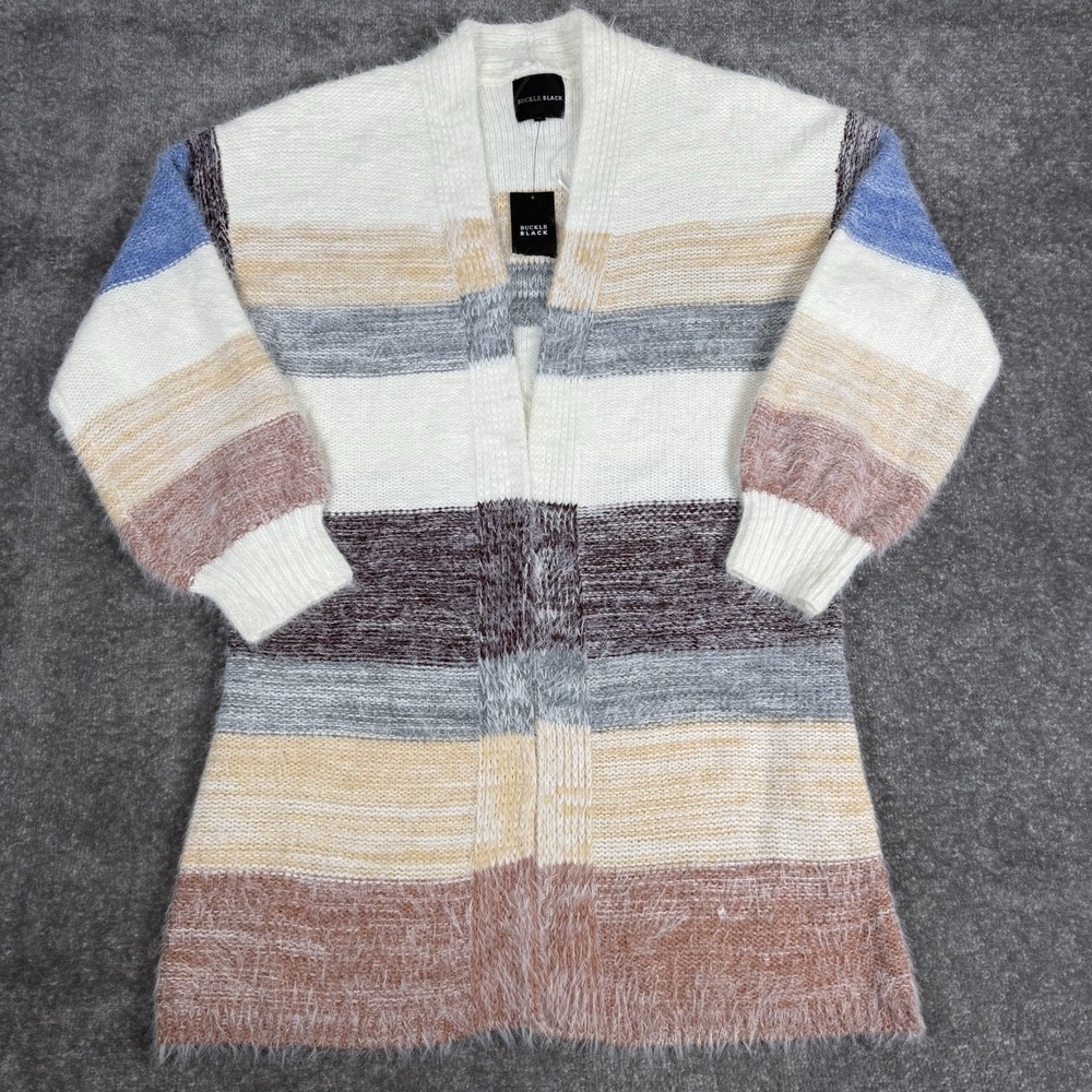 NWT Buckle Black Open Front Cardigan Women's Medium‎ Classit Fit Striped Cozy